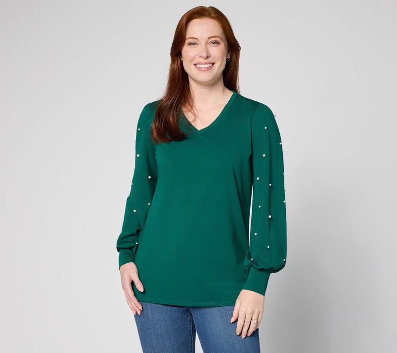 Belle by Kim Gravel TripleLuxe Knit Uptown Pearls Trimmed Top — View 9