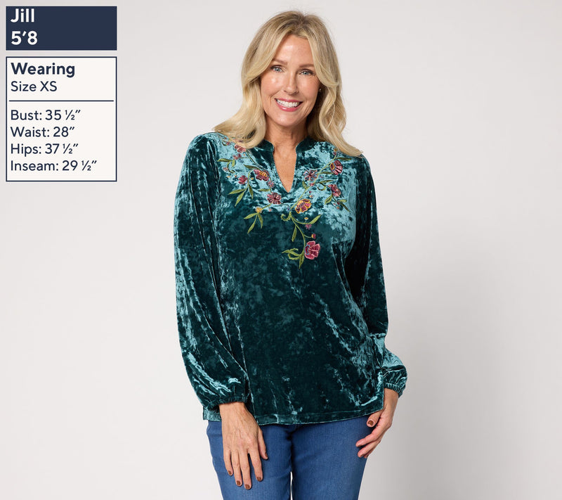 Belle Boho by Kim Gravel Crushed Velvet Embroidered Top — View 3