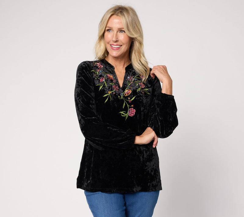 Belle Boho by Kim Gravel Crushed Velvet Embroidered Top — View 11