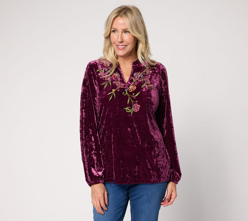 Belle Boho by Kim Gravel Crushed Velvet Embroidered Top — View 13
