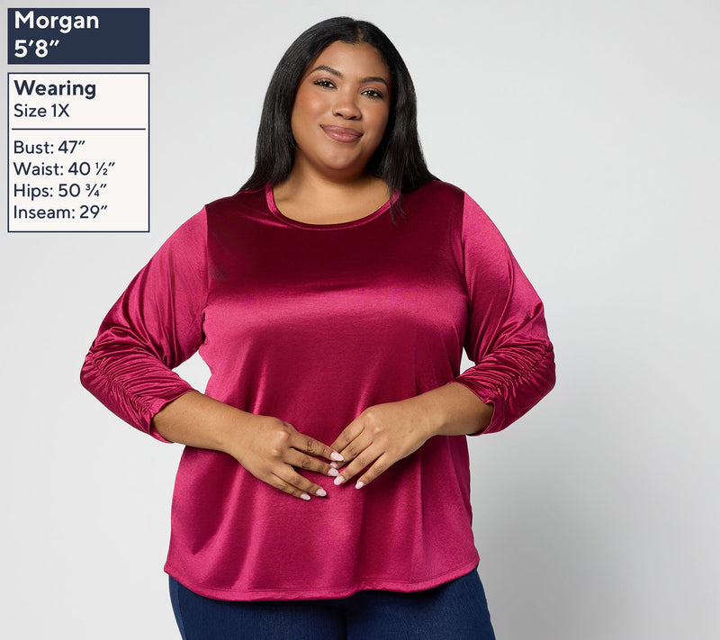 LOGO by Lori Goldstein Satin Knit 3/4 Ruched Sleeve Top — View 2
