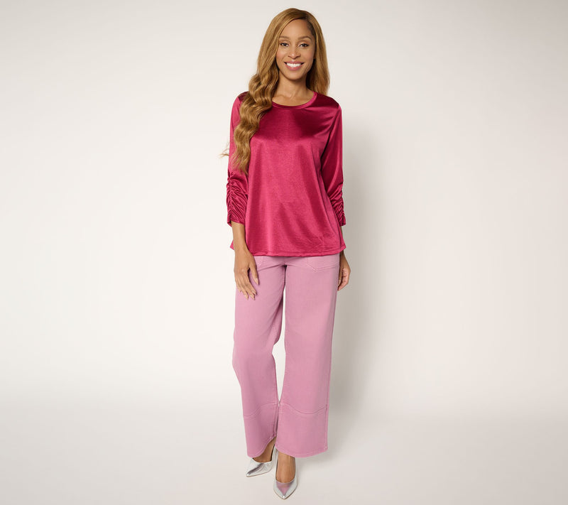 LOGO by Lori Goldstein Satin Knit 3/4 Ruched Sleeve Top — View 5