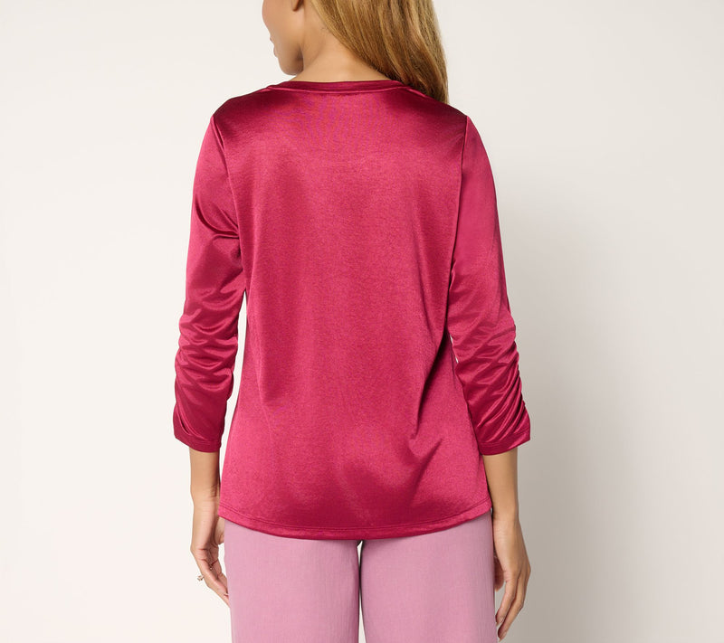 LOGO by Lori Goldstein Satin Knit 3/4 Ruched Sleeve Top — View 4