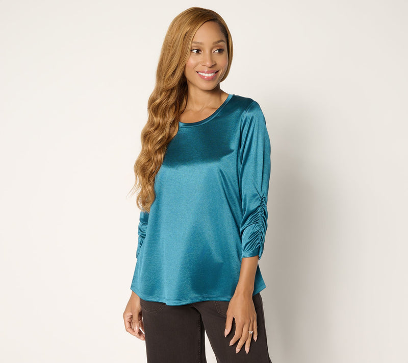 LOGO by Lori Goldstein Satin Knit 3/4 Ruched Sleeve Top — View 13