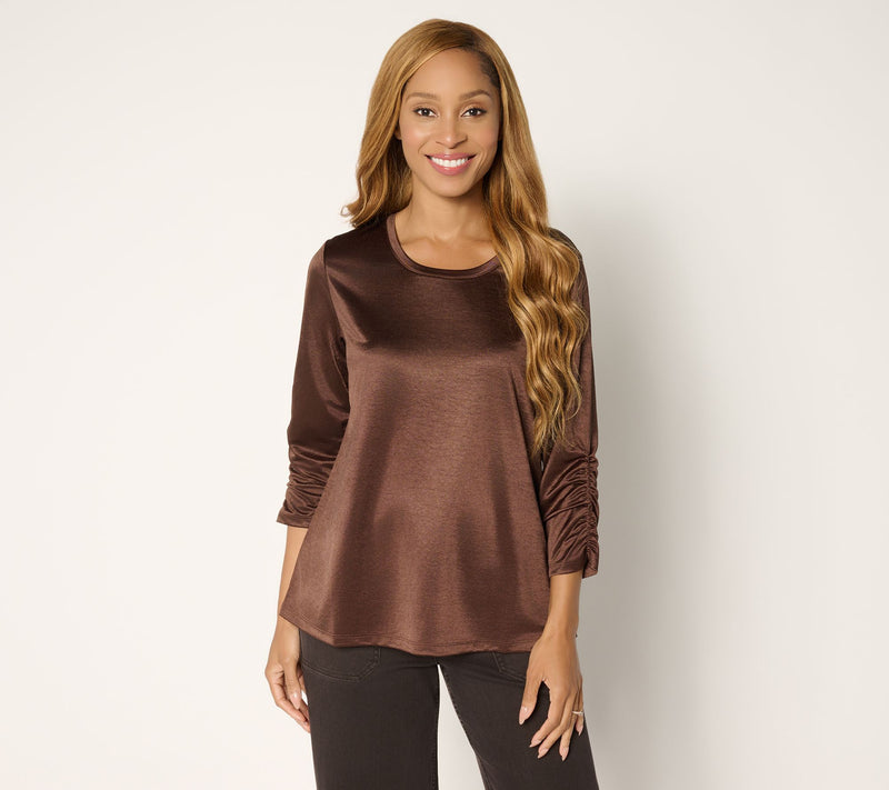 LOGO by Lori Goldstein Satin Knit 3/4 Ruched Sleeve Top — View 15