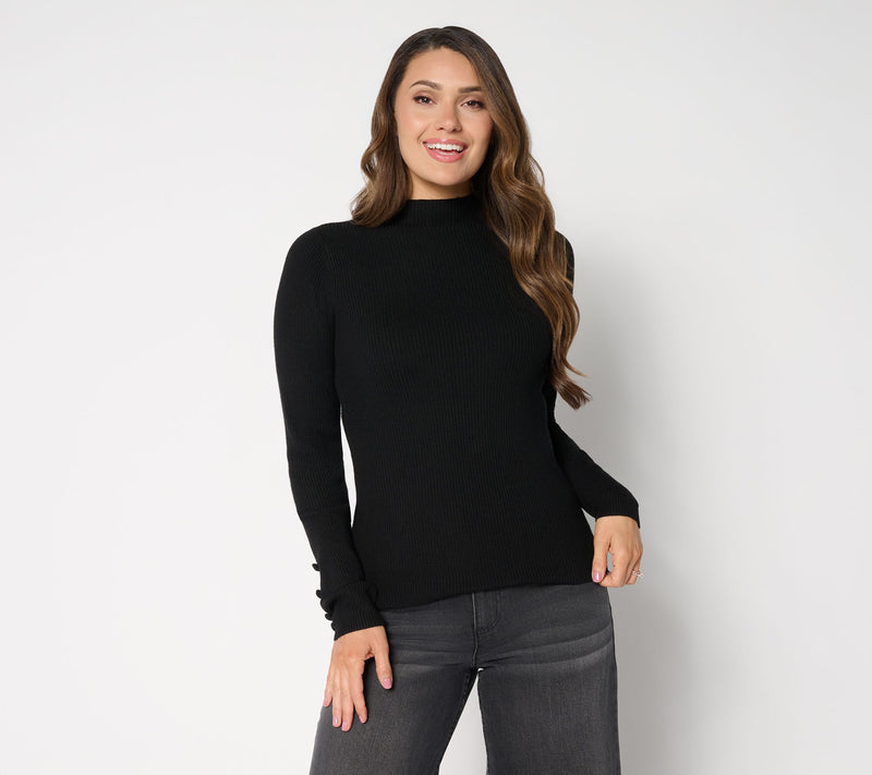 Studio Park x Sandra Bennett Mock Neck Sweater with Covered Buttons — View 12