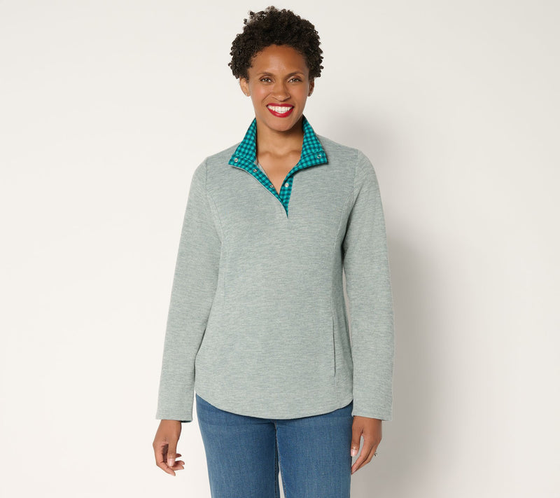 Denim & Co. Flat Back Rib Snap Henley Top with Contrast Print — Main view