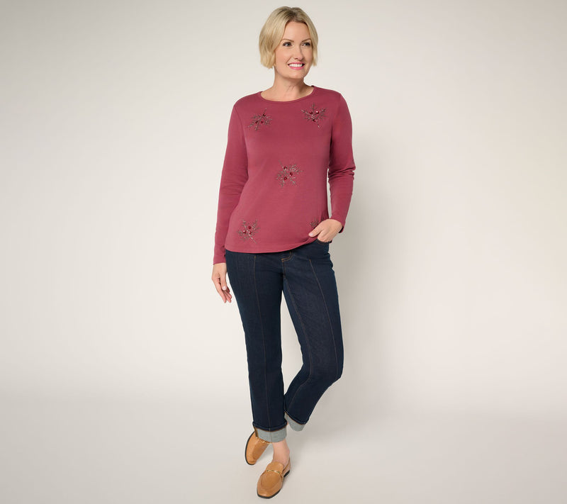 Denim & Co. 100% Cotton Jersey Long Sleeve Embroidered Top — View 4