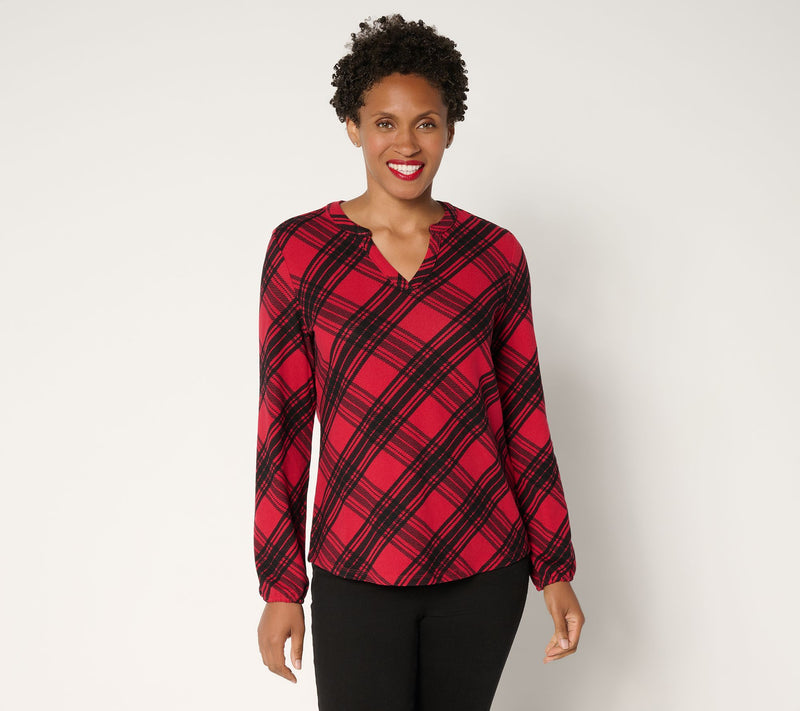 Denim & Co. Plaid Heavenly Jersey Split V-Neck Long Sleeve Top — Main view