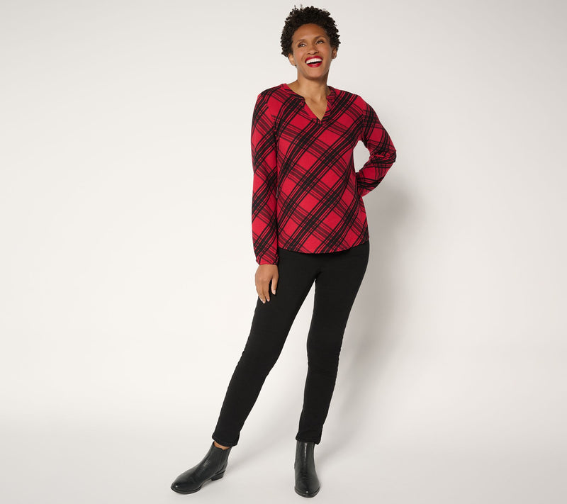Denim & Co. Plaid Heavenly Jersey Split V-Neck Long Sleeve Top — View 5