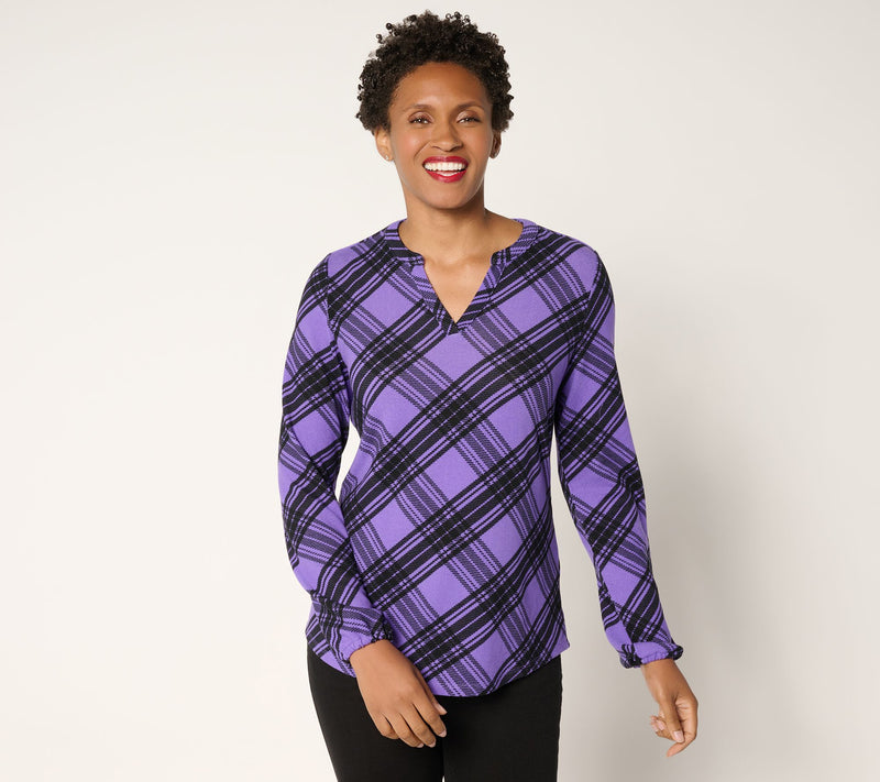 Denim & Co. Plaid Heavenly Jersey Split V-Neck Long Sleeve Top — View 12