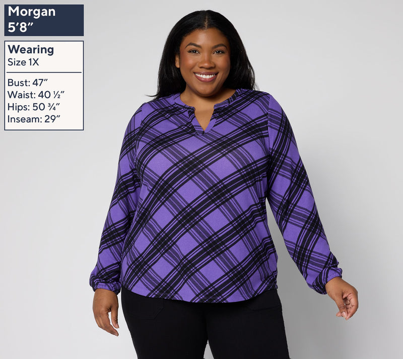 Denim & Co. Plaid Heavenly Jersey Split V-Neck Long Sleeve Top — View 2