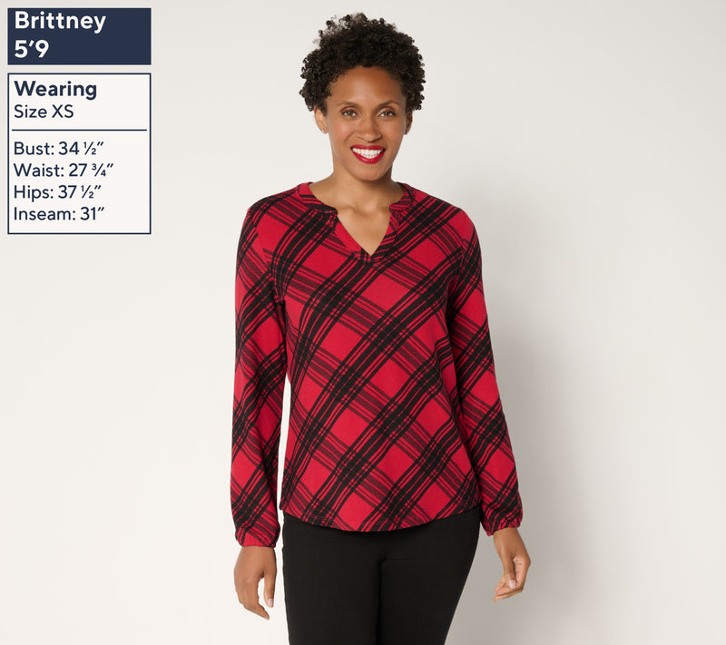 Denim & Co. Plaid Heavenly Jersey Split V-Neck Long Sleeve Top — View 3
