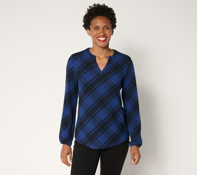 Denim & Co. Plaid Heavenly Jersey Split V-Neck Long Sleeve Top — View 14