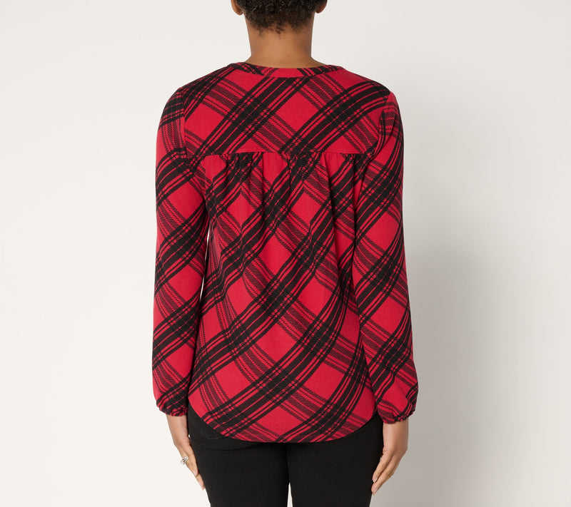 Denim & Co. Plaid Heavenly Jersey Split V-Neck Long Sleeve Top — View 4
