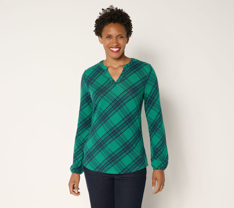 Denim & Co. Plaid Heavenly Jersey Split V-Neck Long Sleeve Top — View 16