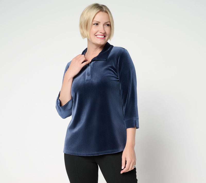 Denim & Co. Knit Velvet 3/4 Sleeve Collared Henley Top — View 11