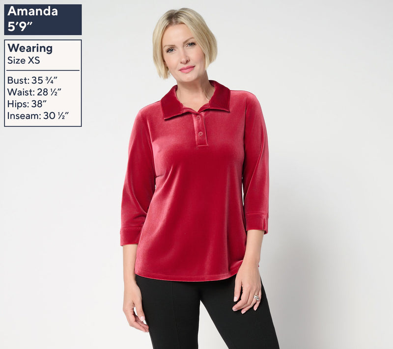 Denim & Co. Knit Velvet 3/4 Sleeve Collared Henley Top — View 3