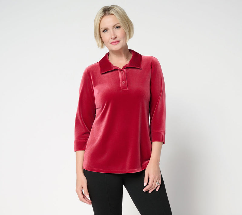 Denim & Co. Knit Velvet 3/4 Sleeve Collared Henley Top — View 12