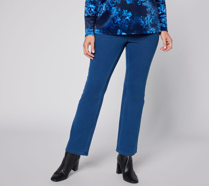 Denim & Co. Petite Knit Denim Pull On Boot Leg Jeans — View 12