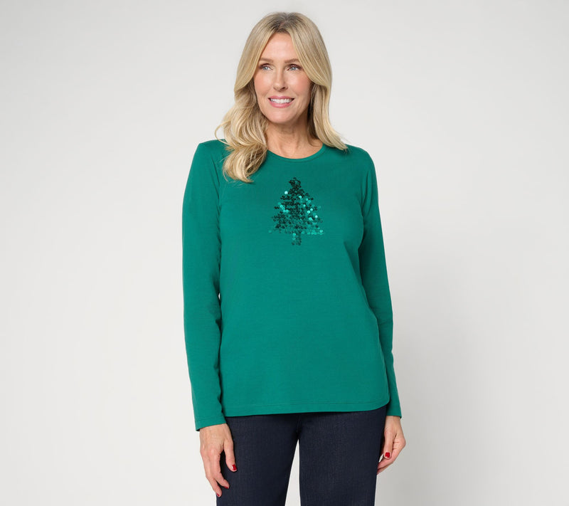 Denim & Co. Jersey Round Neck Sequin Motif Long Sleeve Top — Main view