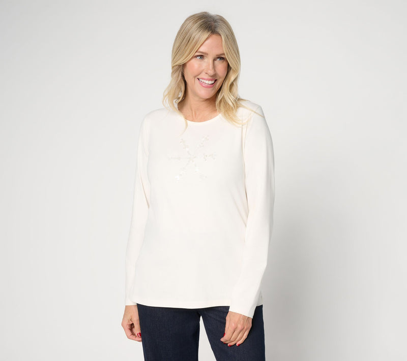 Denim & Co. Jersey Round Neck Sequin Motif Long Sleeve Top — View 10