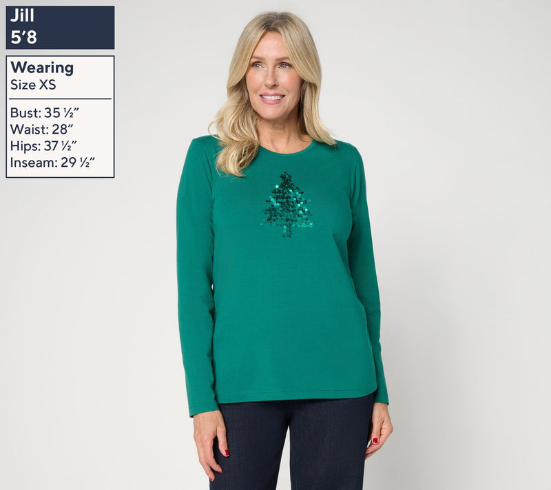 Denim & Co. Jersey Round Neck Sequin Motif Long Sleeve Top — View 3