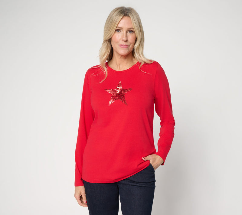 Denim & Co. Jersey Round Neck Sequin Motif Long Sleeve Top — View 11