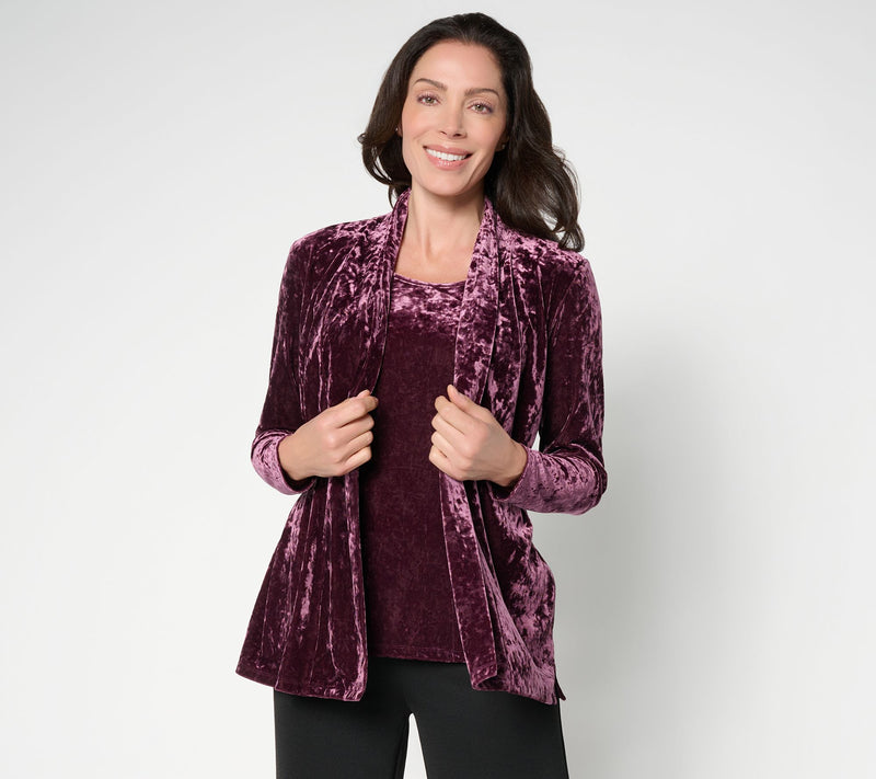 Denim & Co. Crushed Velvet Cardigan & Tank 2fer with Pockets — Main view