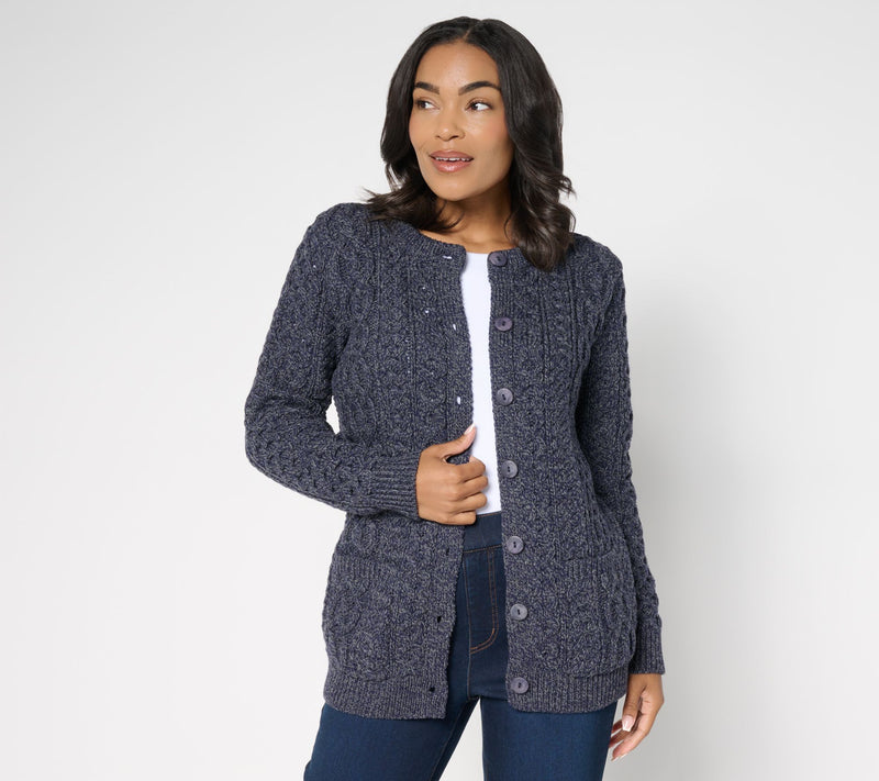Aran Crafts Merino Wool Button-Front Cardigan with Pockets — Main view
