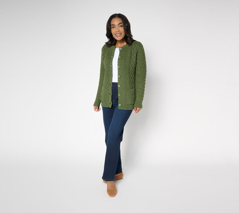 Aran Crafts Merino Wool Button-Front Cardigan with Pockets — View 14