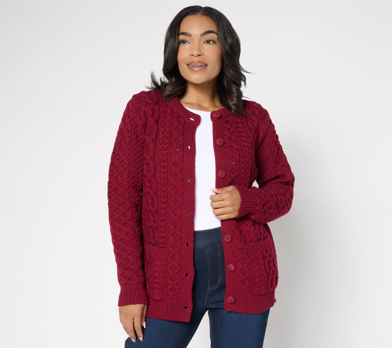Aran Crafts Merino Wool Button-Front Cardigan with Pockets — View 11