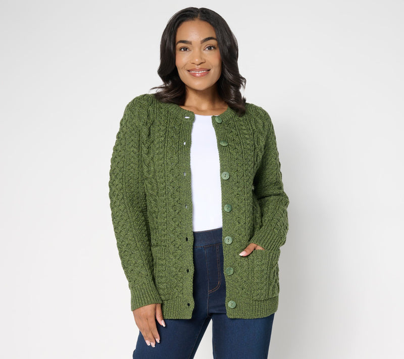 Aran Crafts Merino Wool Button-Front Cardigan with Pockets — View 5