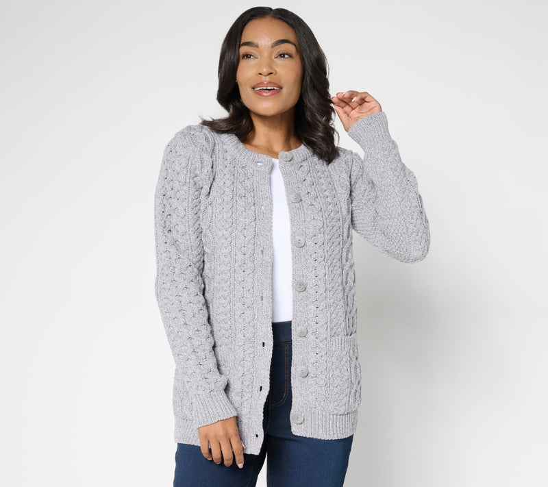 Aran Crafts Merino Wool Button-Front Cardigan with Pockets — View 9