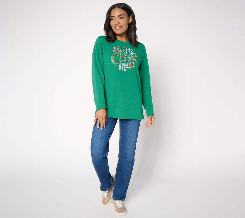 Quacker Factory Naughty or Nice Long Sleeve French Terry Top — View 5