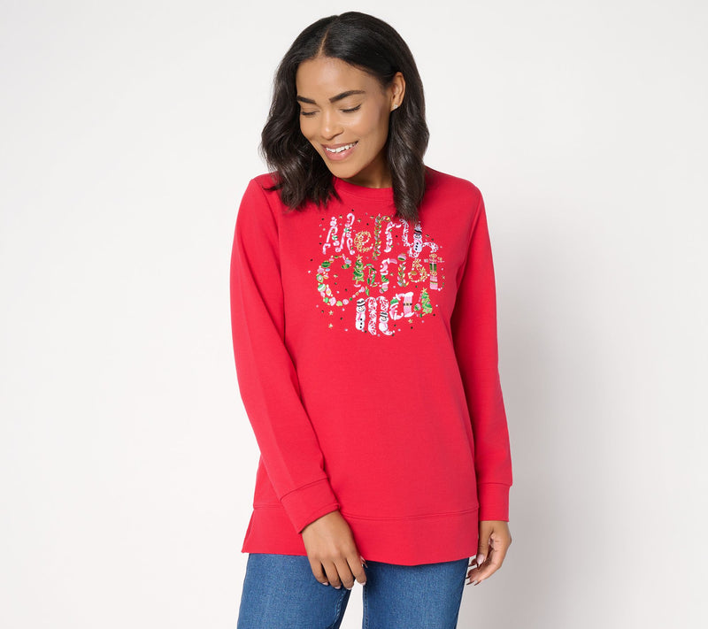 Quacker Factory Naughty or Nice Long Sleeve French Terry Top — View 12
