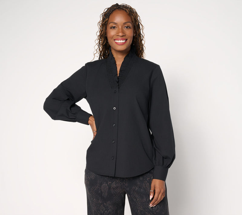 Carla Rockmore Collection Ruffle Neck Poplin Shirt — View 12
