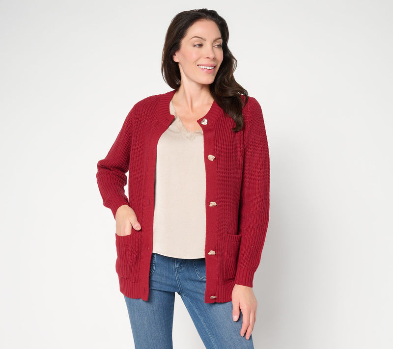 Jingle Belles by Kim Gravel Chunky Shaker Knit Gold Button Cardigan — Main view