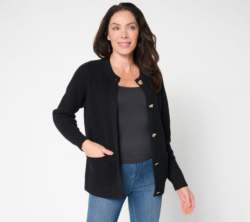 Jingle Belles by Kim Gravel Chunky Shaker Knit Gold Button Cardigan — View 11