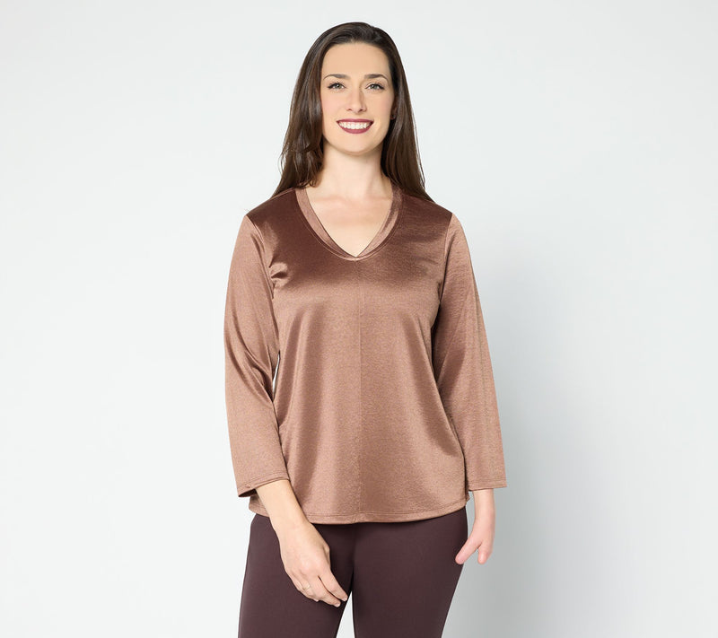 BEAUTIFUL by Lawrence Zarian Knit Satin V-Neck Elbow Sleeve Top — View 14