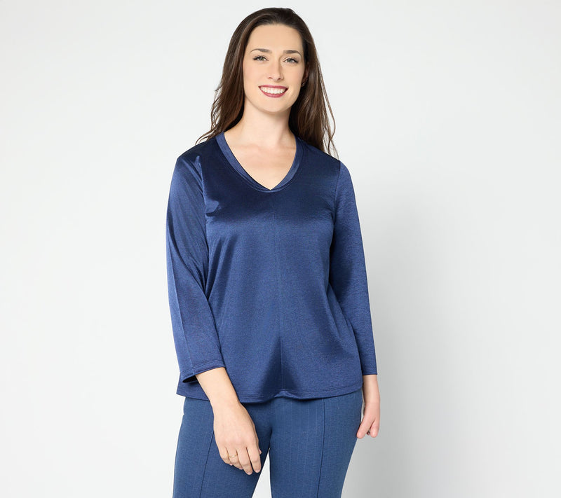 BEAUTIFUL by Lawrence Zarian Knit Satin V-Neck Elbow Sleeve Top — View 15