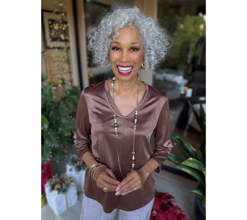 BEAUTIFUL by Lawrence Zarian Knit Satin V-Neck Elbow Sleeve Top — View 8