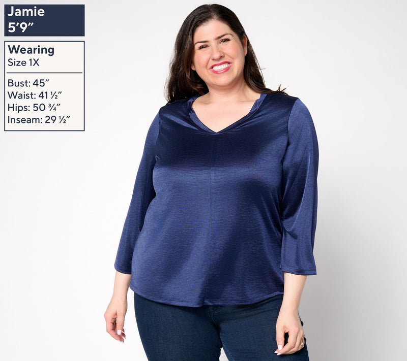 BEAUTIFUL by Lawrence Zarian Knit Satin V-Neck Elbow Sleeve Top — View 4