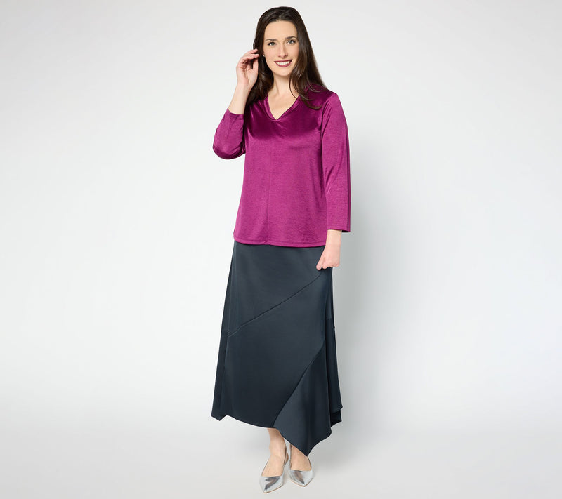 BEAUTIFUL by Lawrence Zarian Knit Satin V-Neck Elbow Sleeve Top — View 7