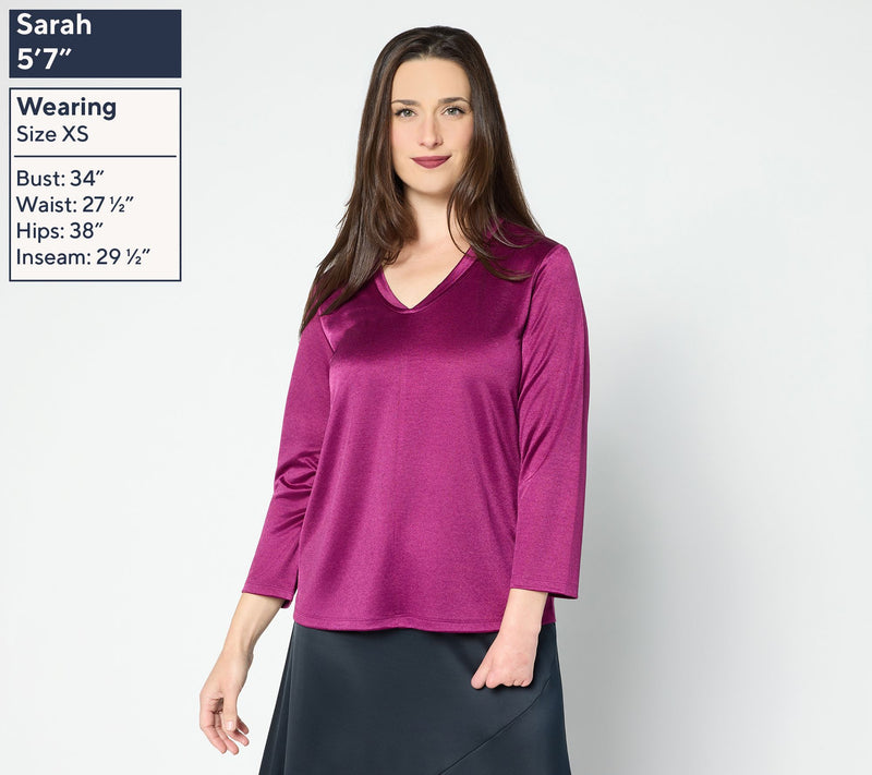 BEAUTIFUL by Lawrence Zarian Knit Satin V-Neck Elbow Sleeve Top — View 5