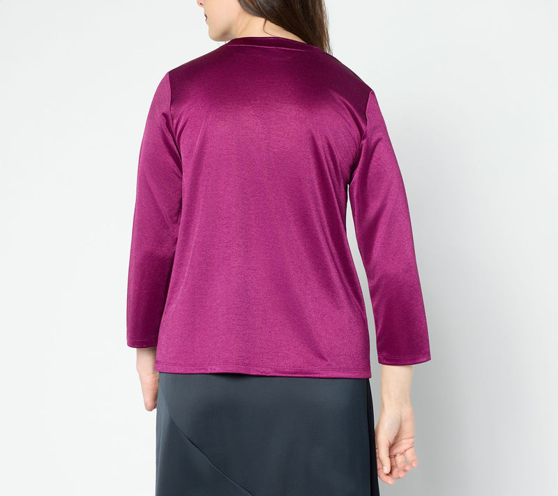 BEAUTIFUL by Lawrence Zarian Knit Satin V-Neck Elbow Sleeve Top — View 6