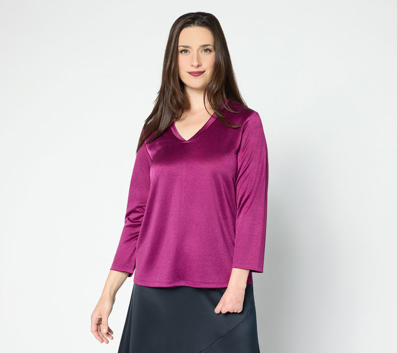 BEAUTIFUL by Lawrence Zarian Knit Satin V-Neck Elbow Sleeve Top — Main view