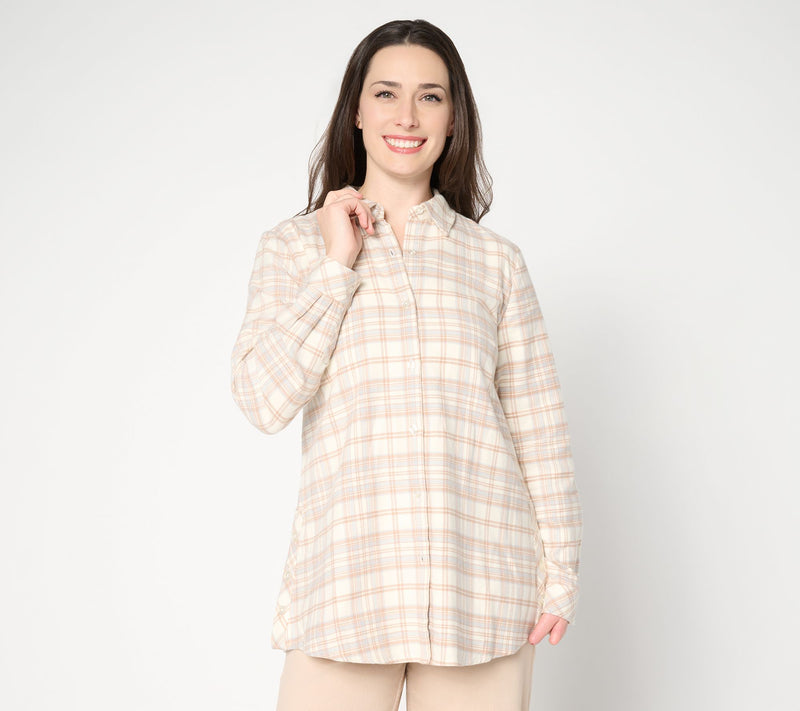 Joan Rivers Petite Double Brushed Flannel Swing Button Down Shirt — View 12