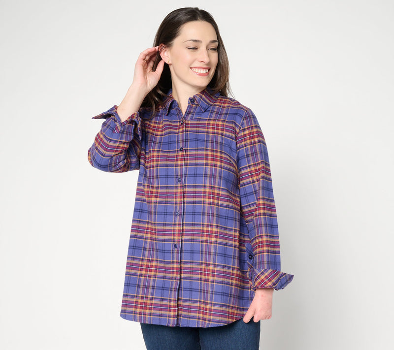 Joan Rivers Petite Double Brushed Flannel Swing Button Down Shirt — Main view