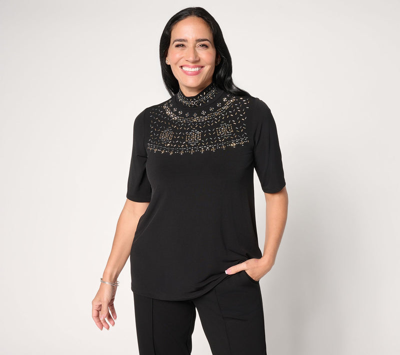 Susan Graver Occasions Liquid Knit Embellished Mock-Neck Top — View 11